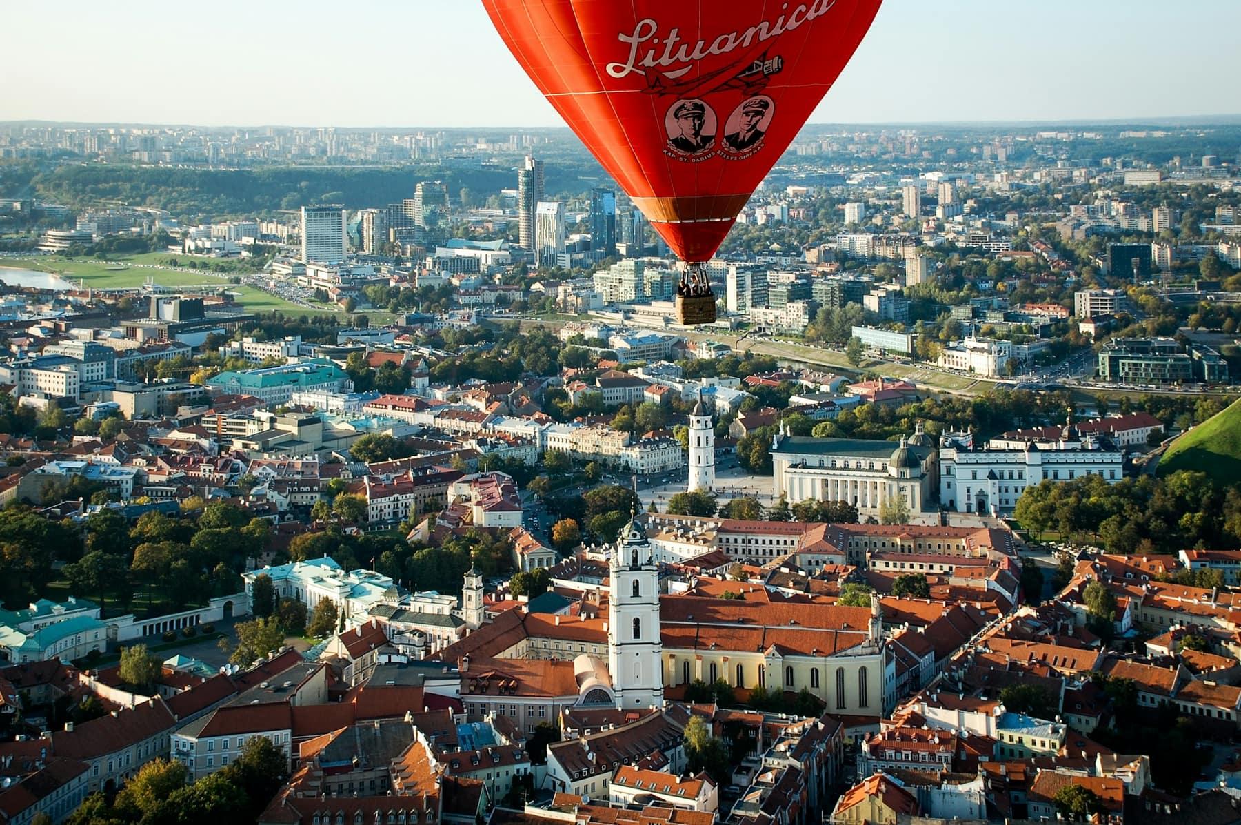 Aerial view over the rooftops of Vilnius Old Town